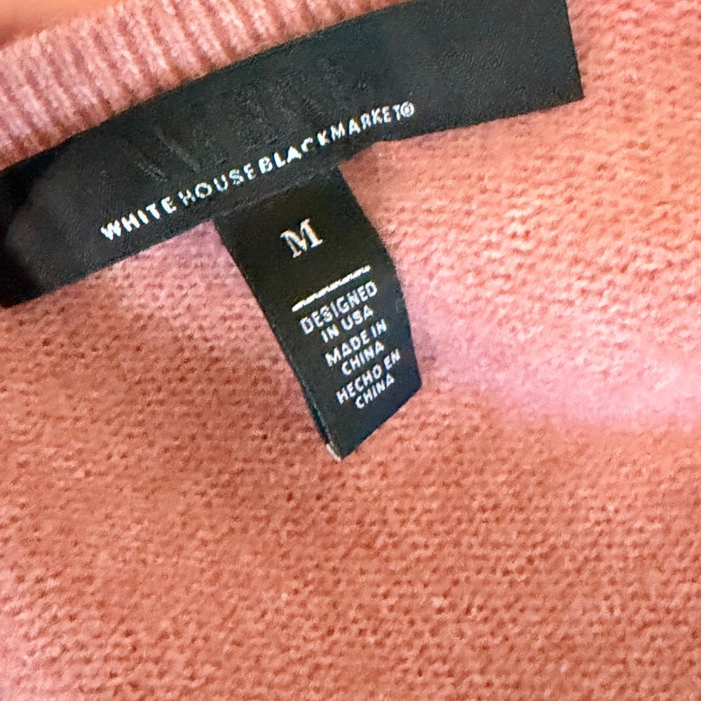 White House Black Market Sweater Medium Rose Pink Puff Shoulder Ruched V-Neck - Picture 6 of 10
